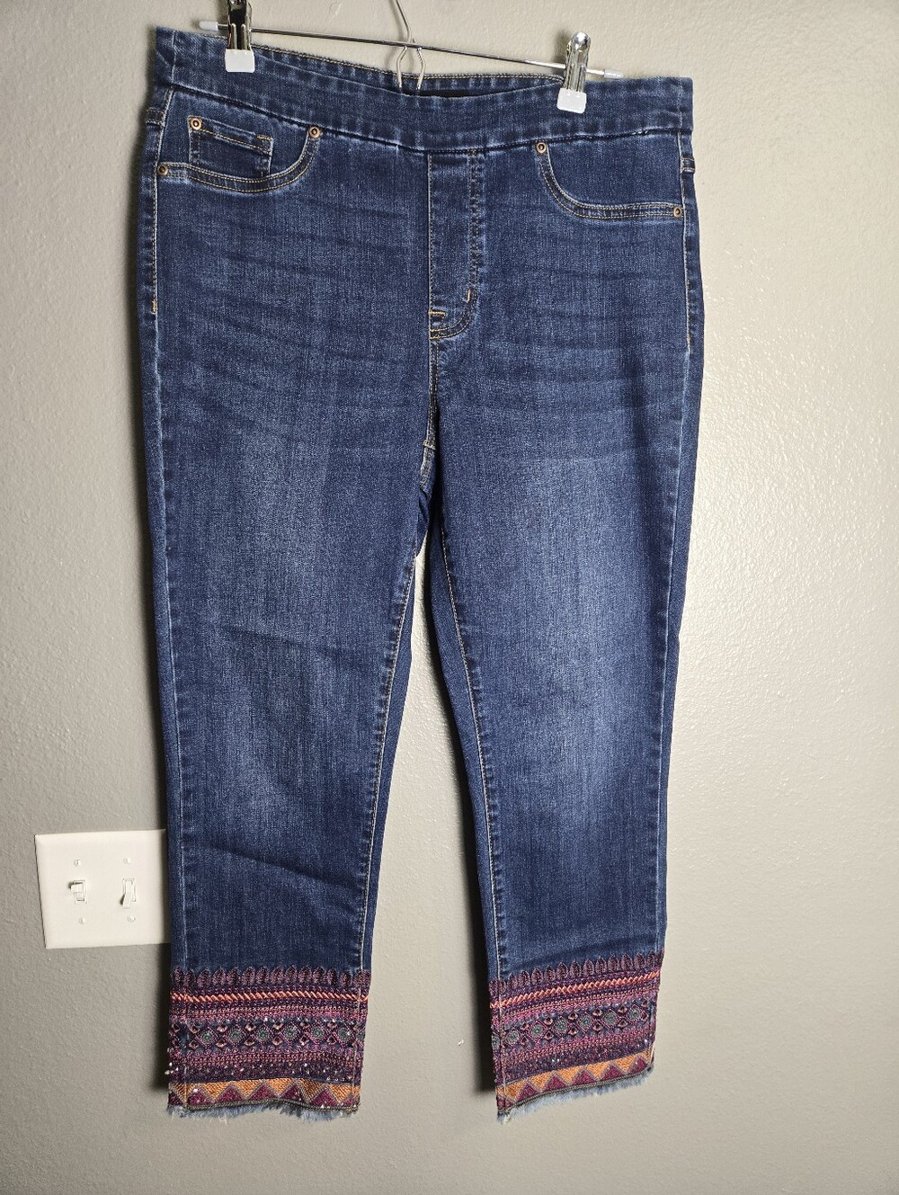 Tribal Women’s Dark Blue Denim Ankle Jeans with Embroidered Hem Size 12P